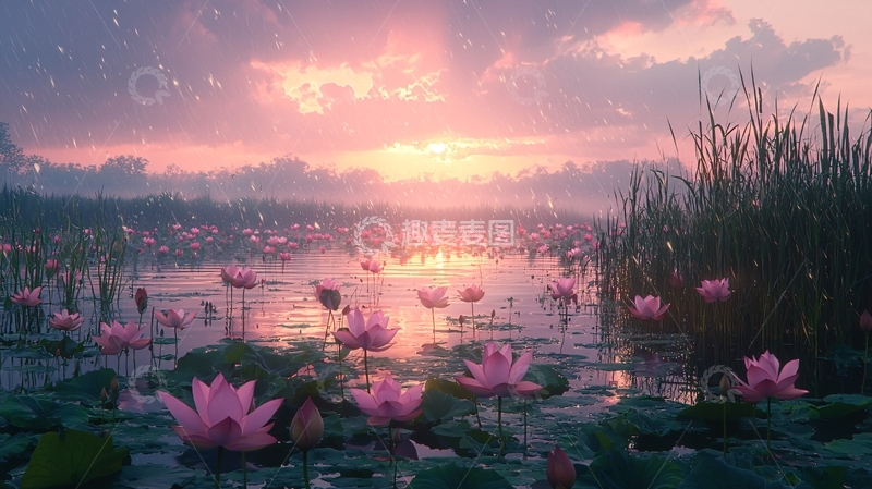 高清大图下载【趣麦麦图】日出荷花水面清晨