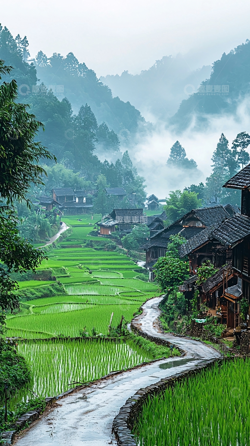 高清大图下载【趣麦麦图】绿色稻田间的宁静村庄