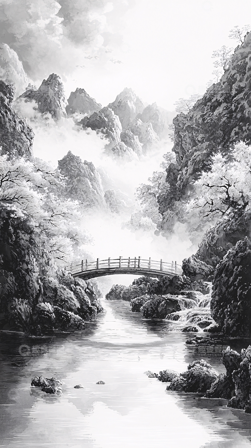 高清大图下载【趣麦麦图】水墨山水桥梁黑白