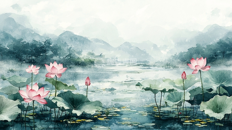 高清大图下载【趣麦麦图】水墨风荷花山水意境图