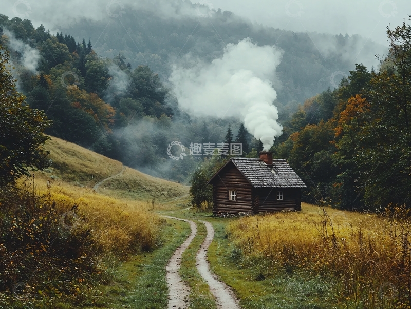 高清大图下载【趣麦麦图】山间小木屋炊烟袅袅