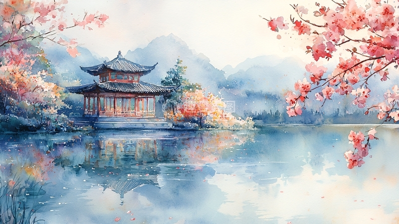 高清大图下载【趣麦麦图】水墨风湖边亭台楼阁樱花