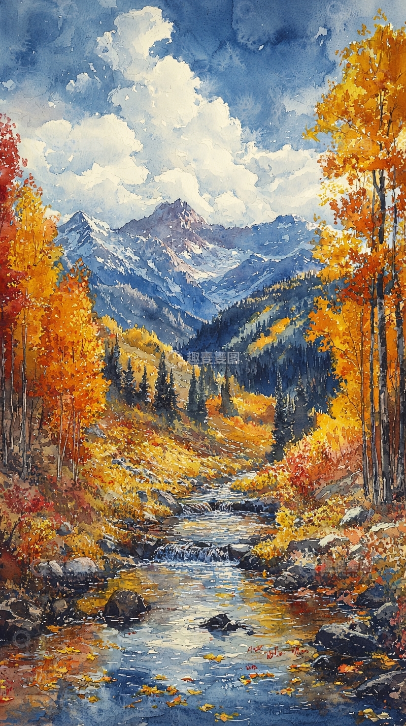 高清大图下载【趣麦麦图】秋日山间小溪风景油画