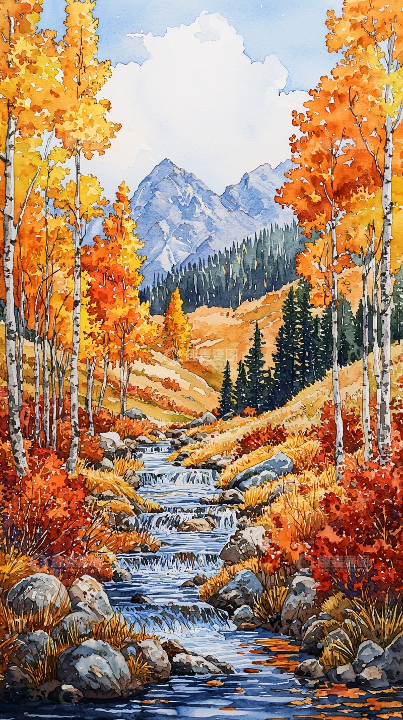 高清大图下载【趣麦麦图】秋季山间溪流风景水彩画