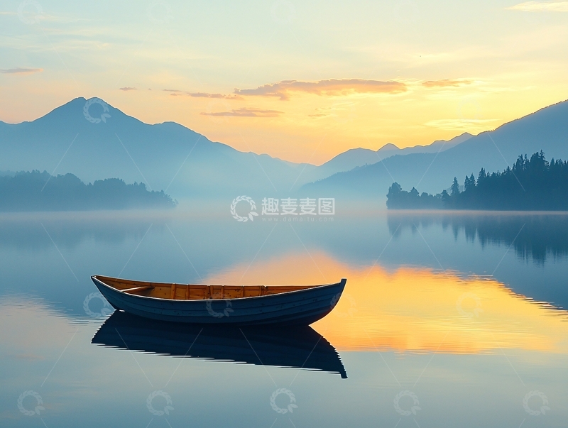 高清大图下载【趣麦麦图】清晨湖面小船倒影