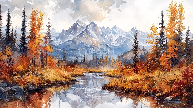 高清大图下载【趣麦麦图】秋季山水风景水彩画