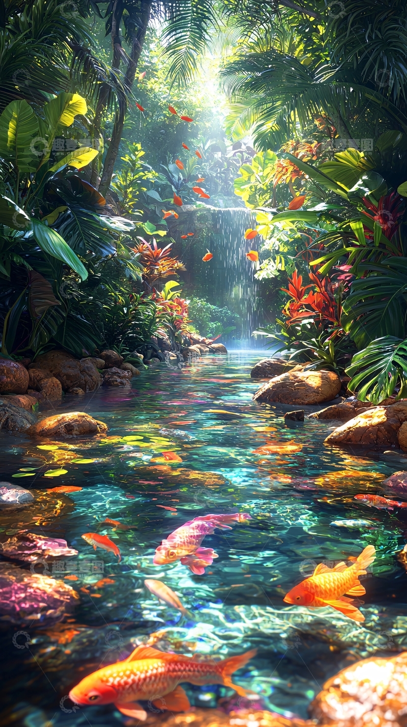 高清大图下载【趣麦麦图】热带雨林中的清澈溪流