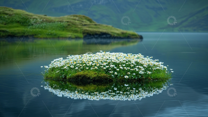 高清大图下载【趣麦麦图】湖中小岛遍布白色花朵