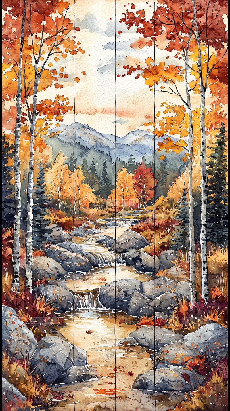 高清大图下载【趣麦麦图】秋景山林溪流图