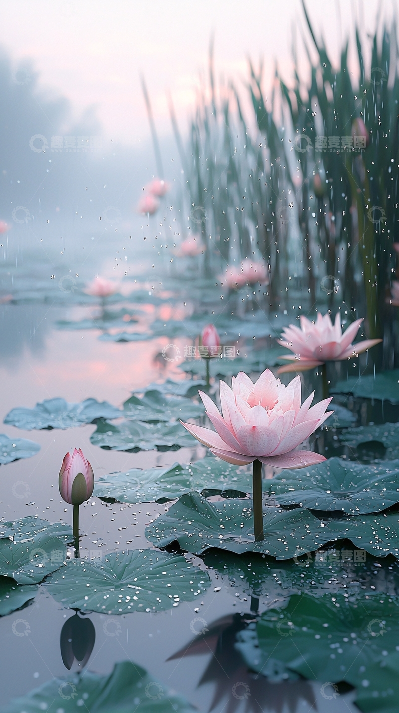 高清大图下载【趣麦麦图】粉色莲花池塘雾气朦胧