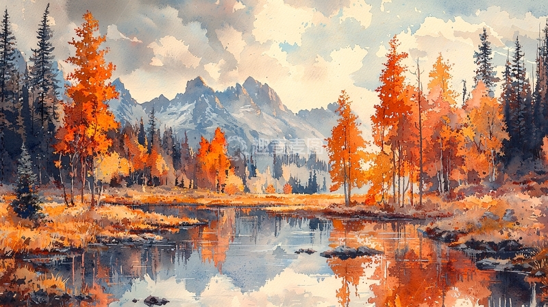 高清大图下载【趣麦麦图】秋色森林湖泊倒影