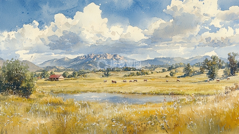 高清大图下载【趣麦麦图】乡村田园风光水彩画