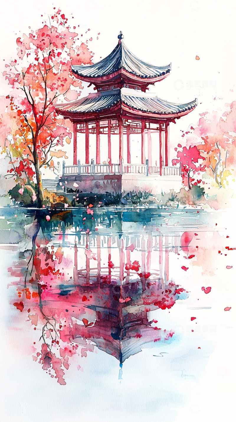 高清大图下载【趣麦麦图】水彩风格的亭台楼阁