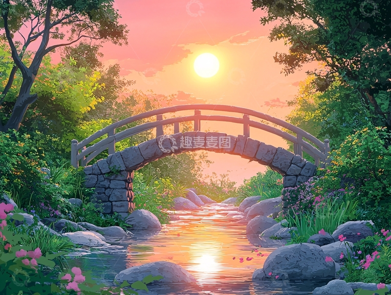高清大图下载【趣麦麦图】童话般的小桥流水夕阳