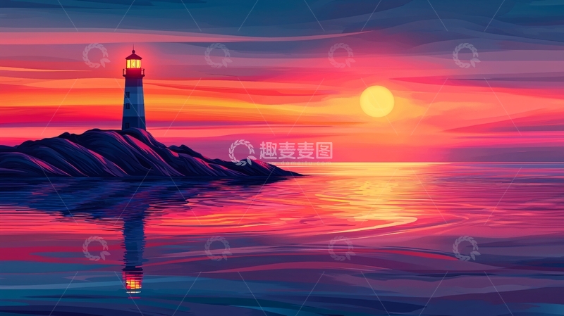 高清大图下载【趣麦麦图】灯塔日落海景倒影