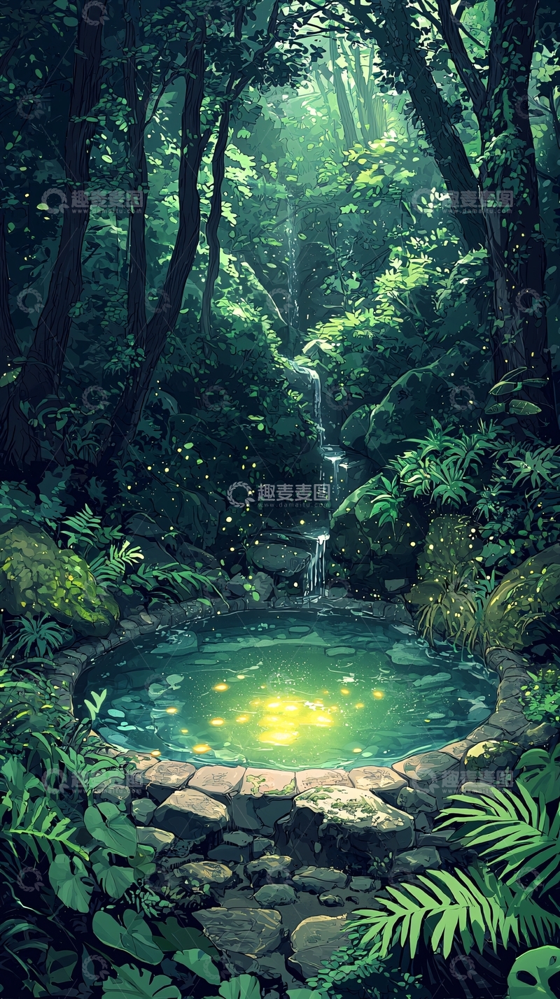 高清大图下载【趣麦麦图】森林小溪萤火虫
