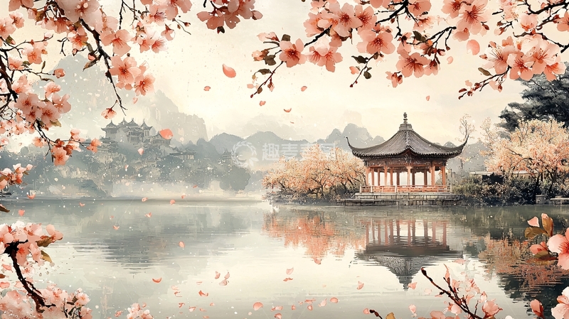 高清大图下载【趣麦麦图】水墨画风格樱花亭台