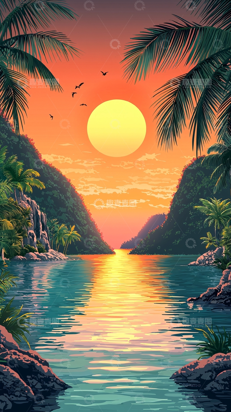 高清大图下载【趣麦麦图】热带海湾日落美景