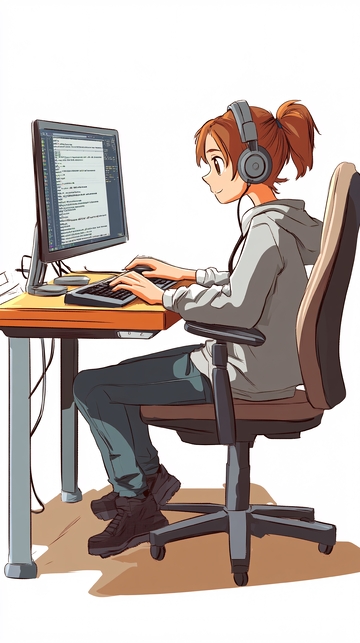 戴耳机女生编程电脑桌