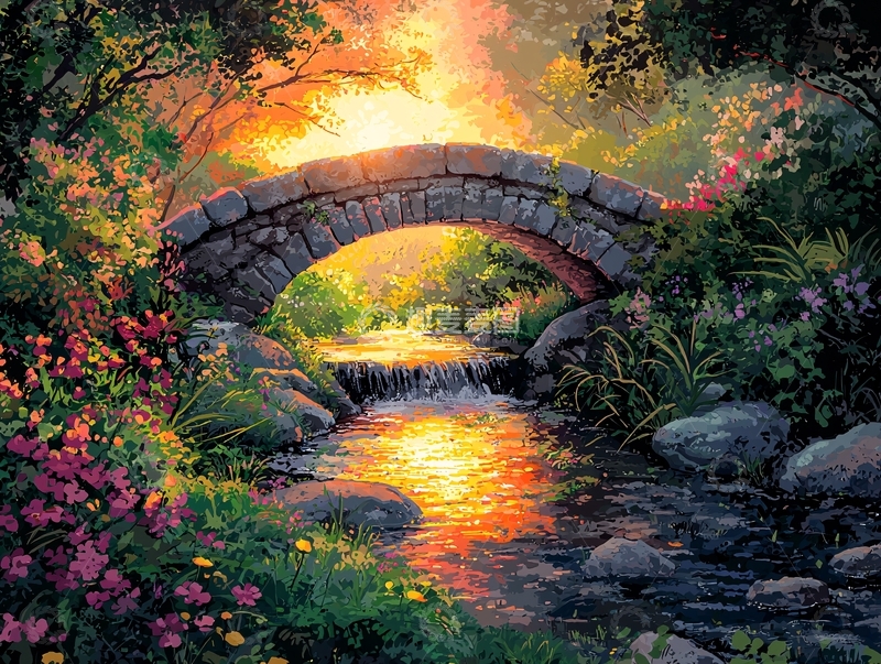 高清大图下载【趣麦麦图】小桥流水阳光油画风格