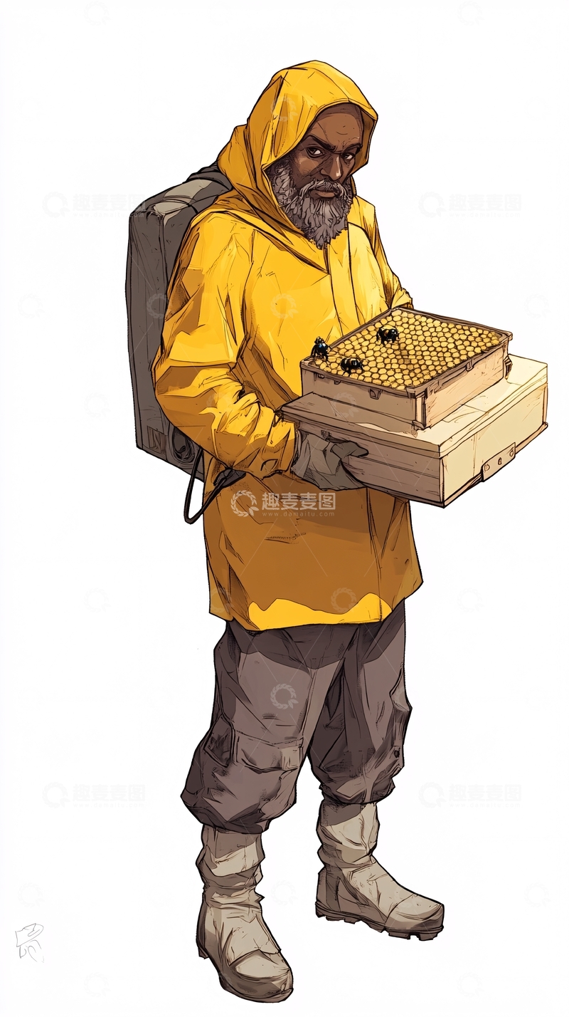 高清大图下载【趣麦麦图】黄雨衣男子提着蜂箱