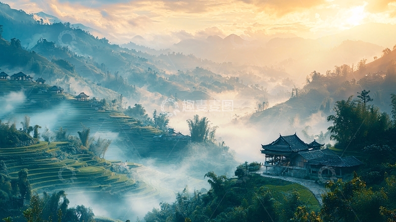 高清大图下载【趣麦麦图】日出云海梯田美景