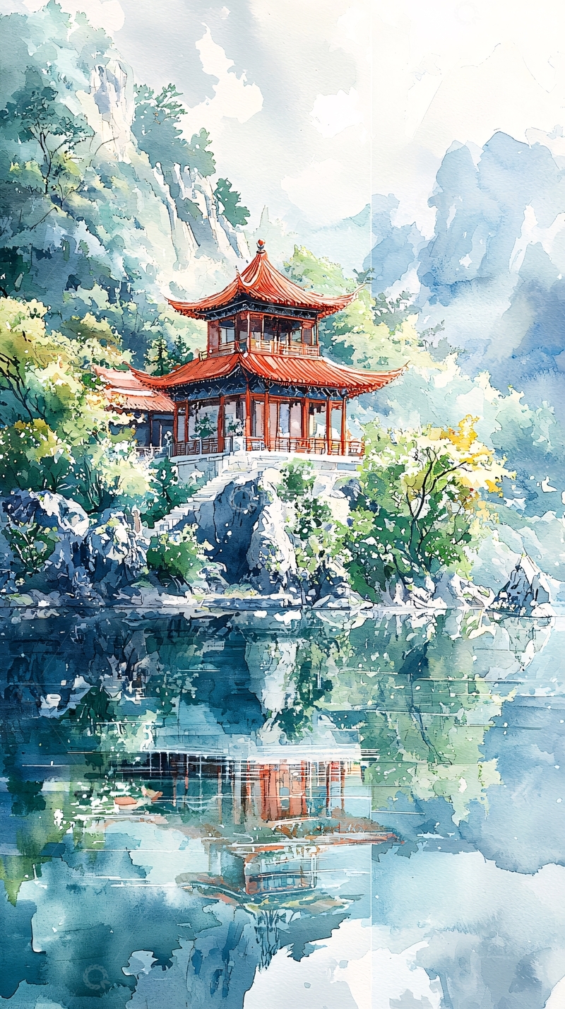 高清大图下载【趣麦麦图】山间红瓦古色古香亭台