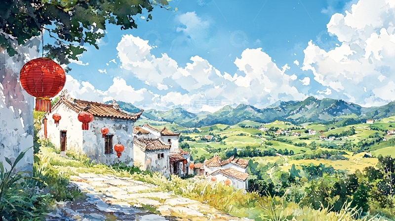 高清大图下载【趣麦麦图】山间村落的风景插画