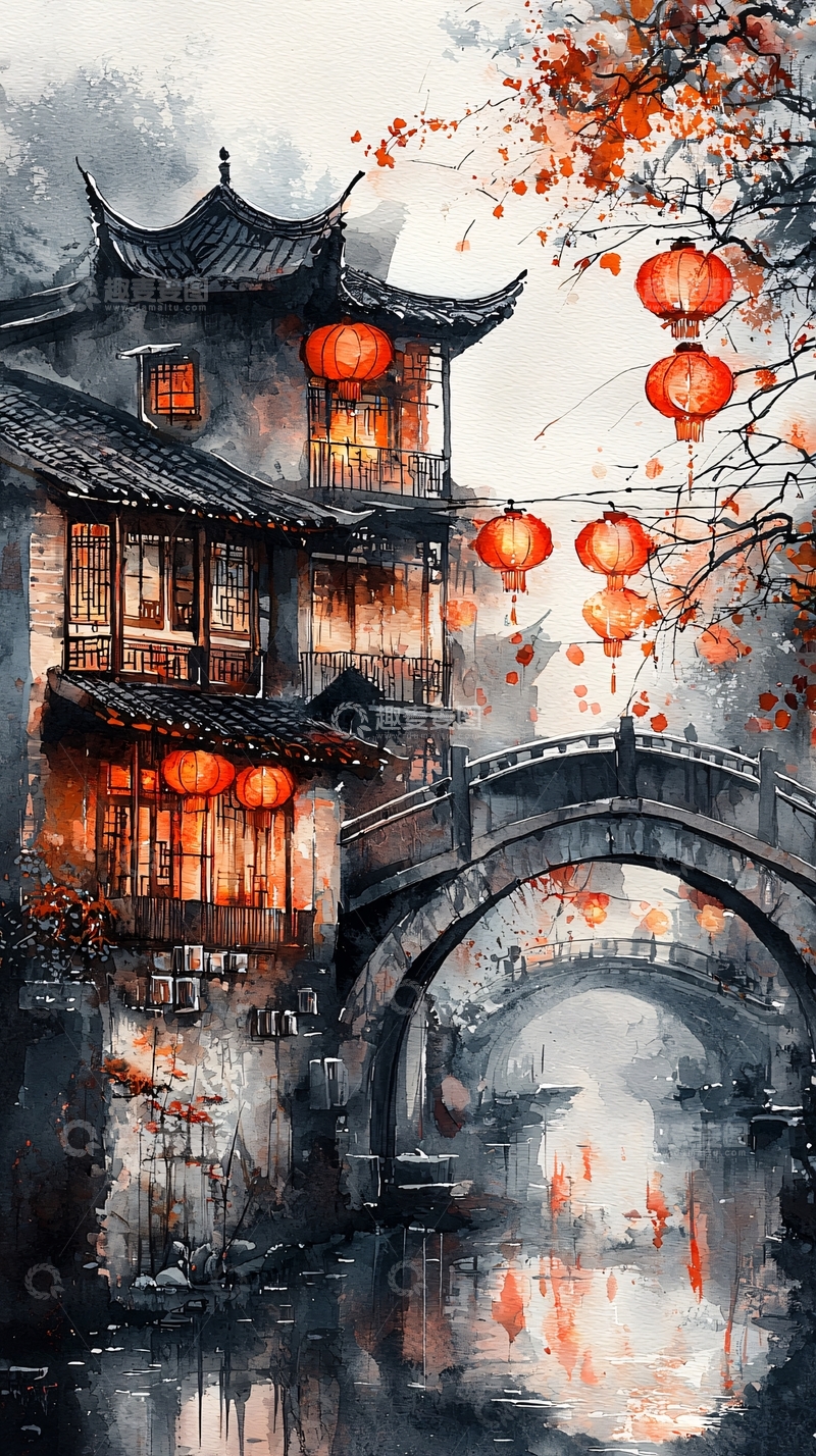 高清大图下载【趣麦麦图】水墨中国风建筑红灯笼
