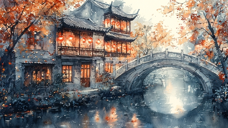 高清大图下载【趣麦麦图】秋日水墨风古建筑