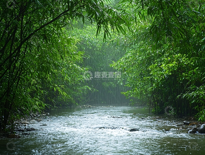 高清大图下载【趣麦麦图】雨后竹林小溪