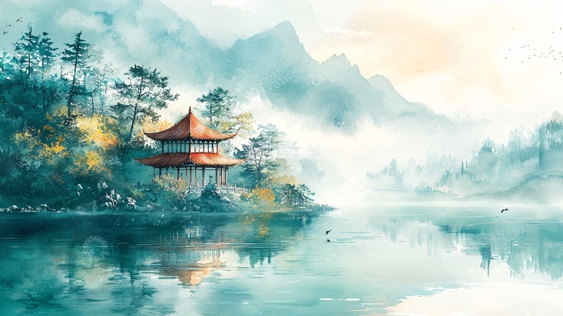 高清大图下载【趣麦麦图】水墨山水画风小屋