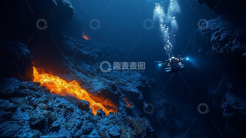 高清大图下载【趣麦麦图】深海潜水员探秘海底火山