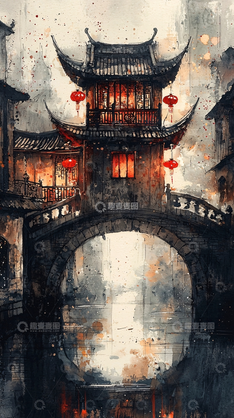 高清大图下载【趣麦麦图】中国水墨风古镇夜景