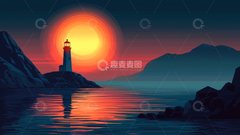 高清大图下载【趣麦麦图】海边灯塔日落剪影