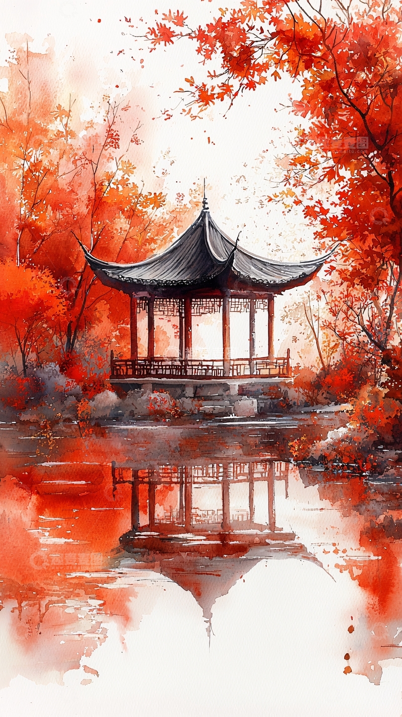 高清大图下载【趣麦麦图】水彩红叶亭台楼阁倒影
