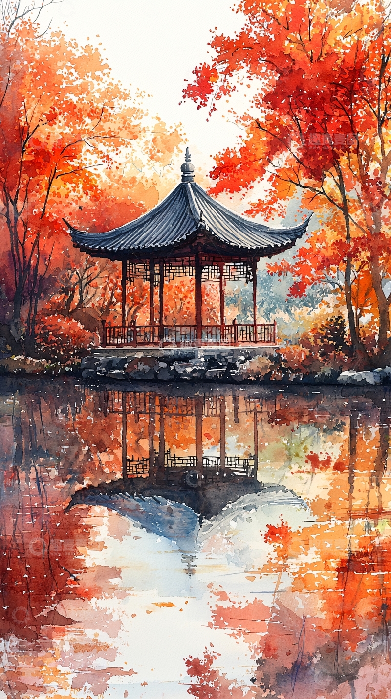 高清大图下载【趣麦麦图】秋景园林水墨画