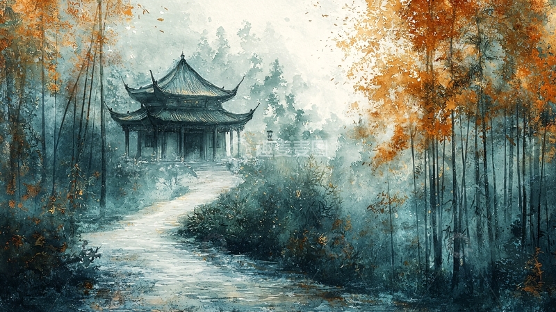 高清大图下载【趣麦麦图】水墨风格的寺庙秋景