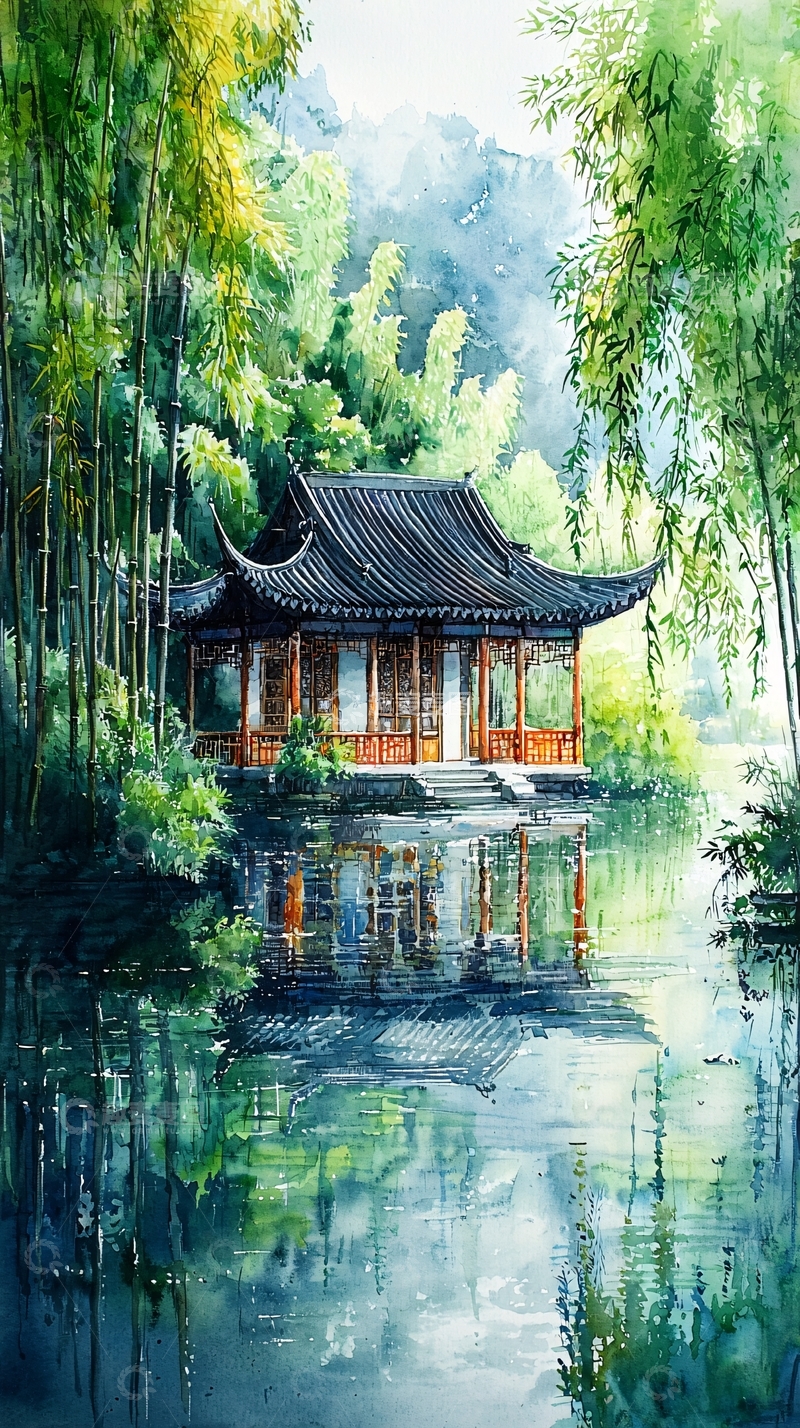 高清大图下载【趣麦麦图】水边竹林中的中式亭台楼阁