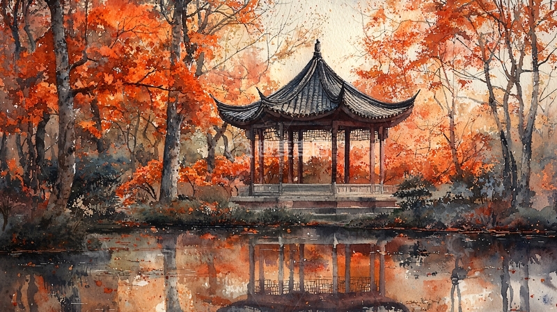 高清大图下载【趣麦麦图】秋景园林水墨画