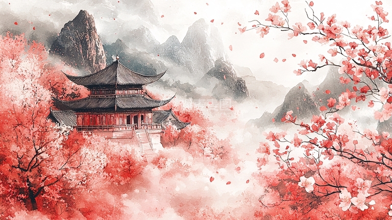 高清大图下载【趣麦麦图】水墨风山水桃花古建筑