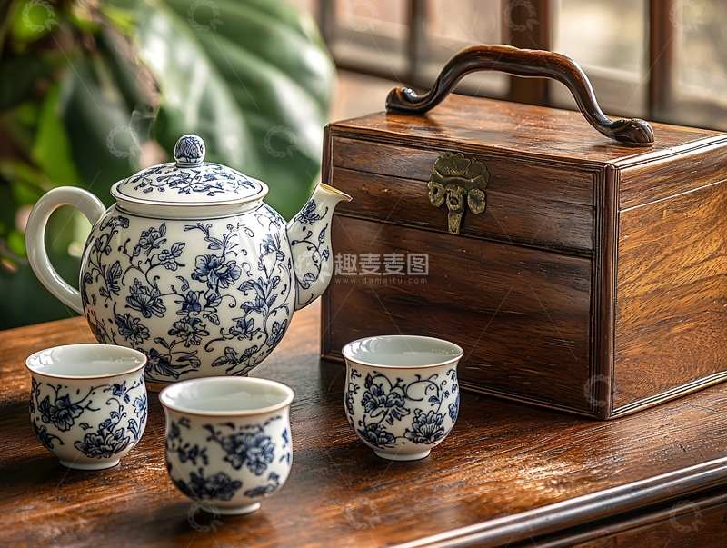 高清大图下载【趣麦麦图】青花瓷茶具木箱摆放在桌上