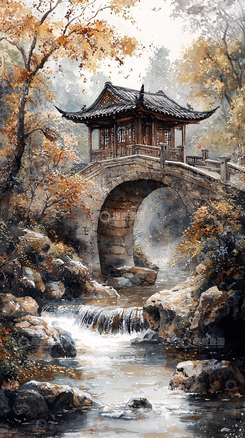 高清大图下载【趣麦麦图】秋日山林古桥流水