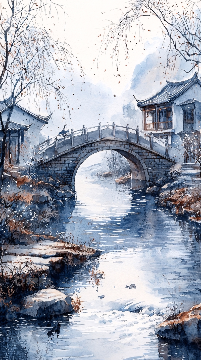高清大图下载【趣麦麦图】水墨风格的江南小桥流水人家