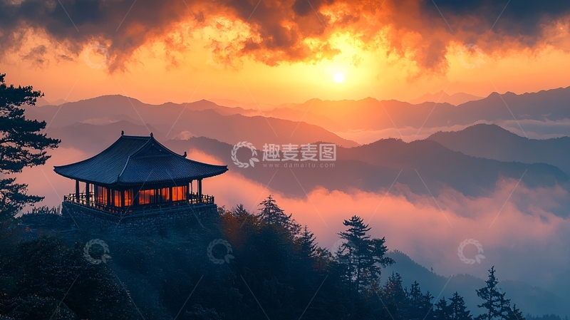 高清大图下载【趣麦麦图】山顶亭台日出云海