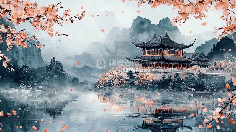高清大图下载【趣麦麦图】国风山水楼阁樱花唯美