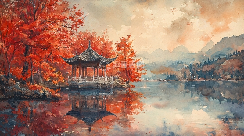 高清大图下载【趣麦麦图】秋日红叶湖边亭台