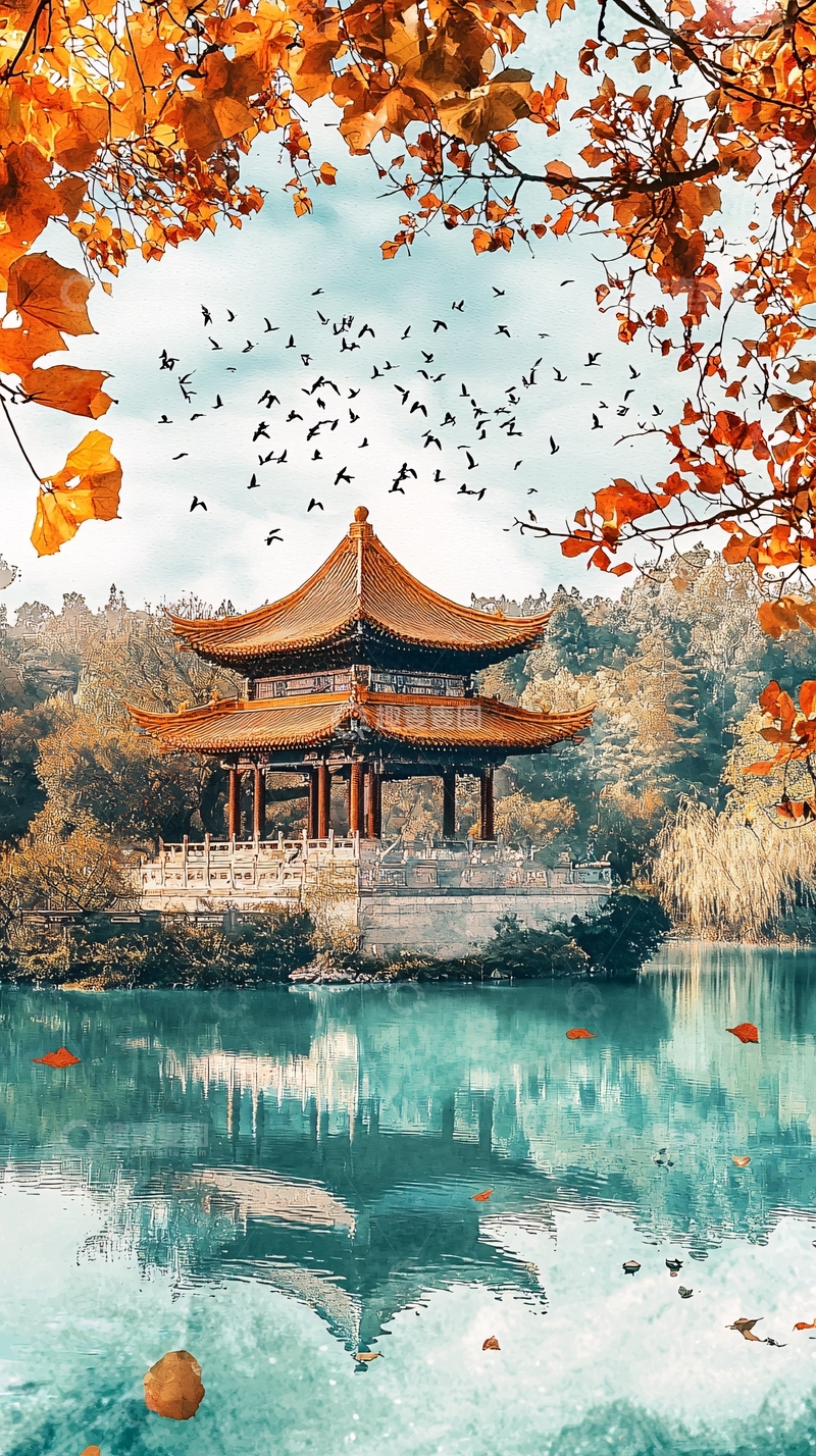 高清大图下载【趣麦麦图】秋日古亭倒影