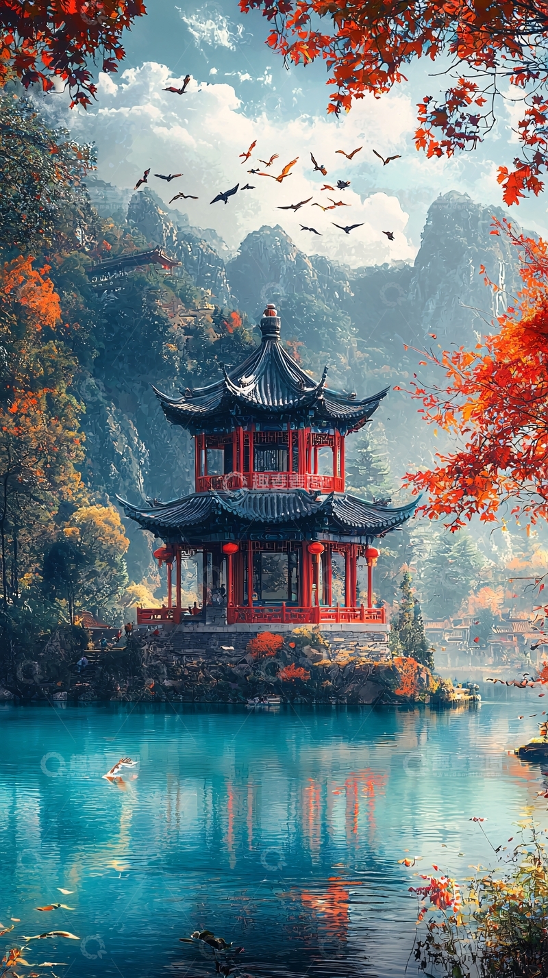 高清大图下载【趣麦麦图】秋日红亭山水画