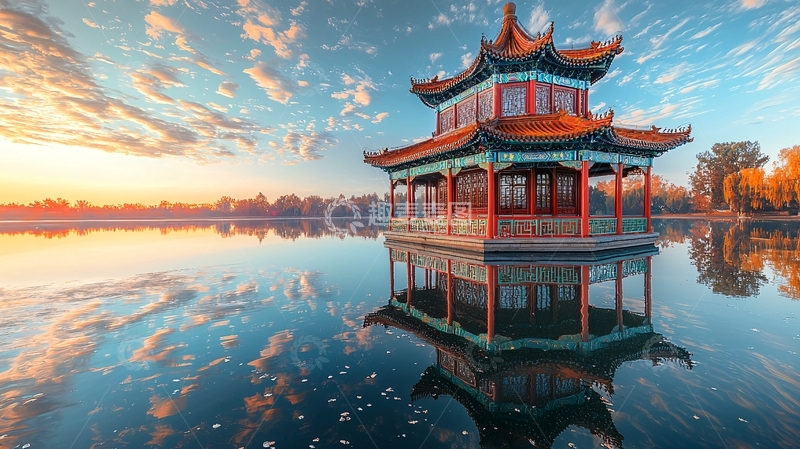 高清大图下载【趣麦麦图】古典亭台楼阁水面倒影